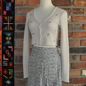 Bershka Cropped Jersey Cardigan Sweater Pink Floral Embroidery Beige S